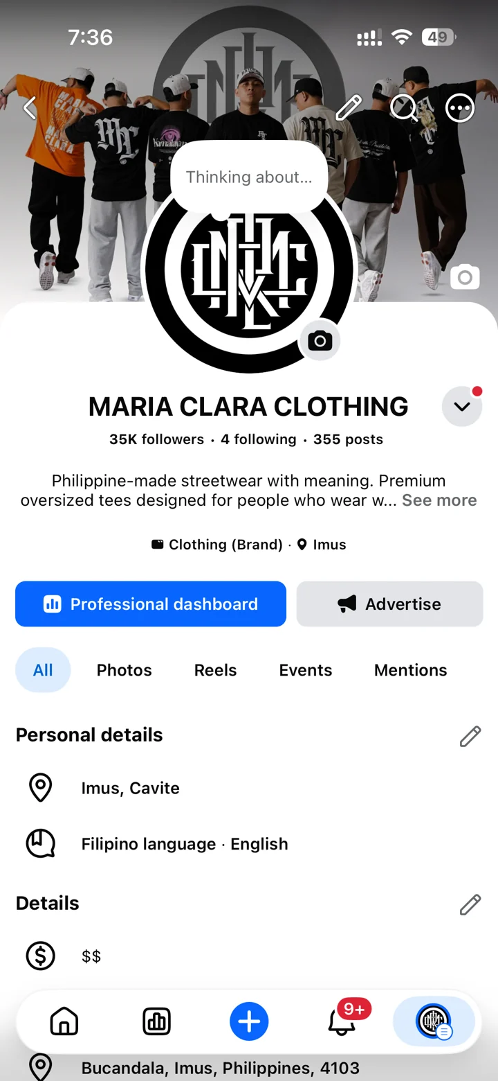 Maria Clara Clothing Facebook profile showing 35K followers