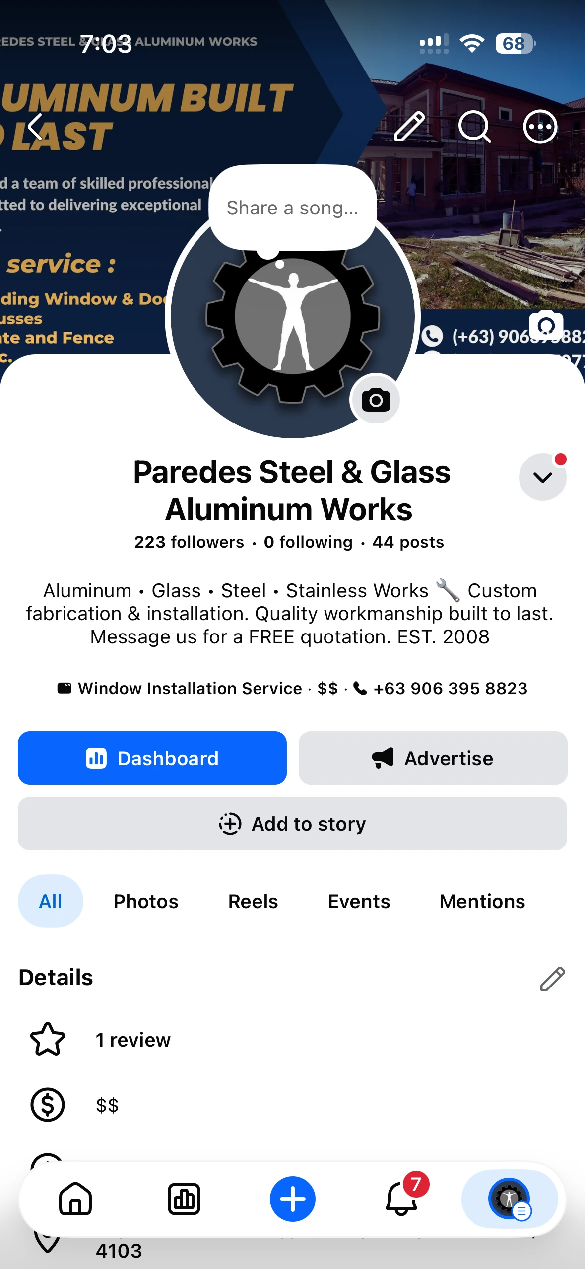 Paredes Steel & Glass Facebook business page with its services and profile information