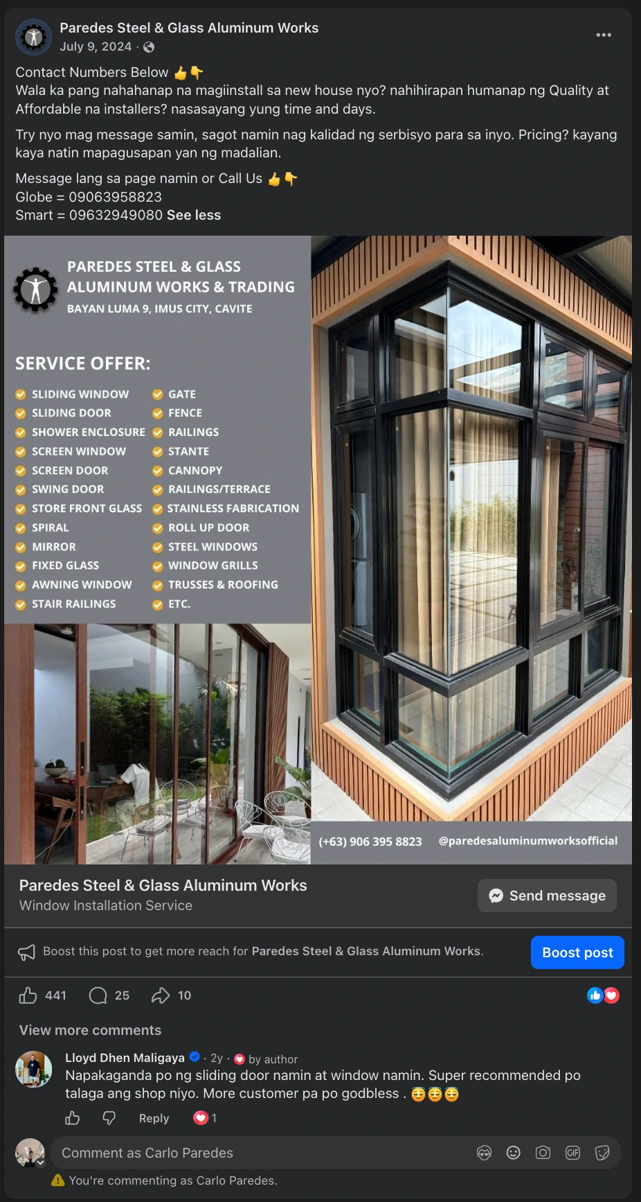 Full Paredes Facebook service post showing installation photos, 441 reactions, 25 comments, 10 shares, and a customer recommendation